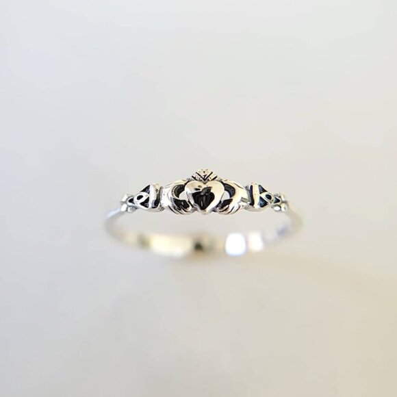 Claddagh Ring, Tiny Celtic Irish Claddagh Ring, Thin Ring, Sterling Silver Women - Picture 8 of 9